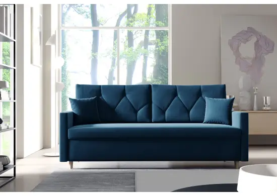 TRIVIO K11 stylowa sofa 3-osobowa z ozdobnymi poduszkami z funkcją spania i pojemnikiem w tkaninie Kronos 9 granatowy